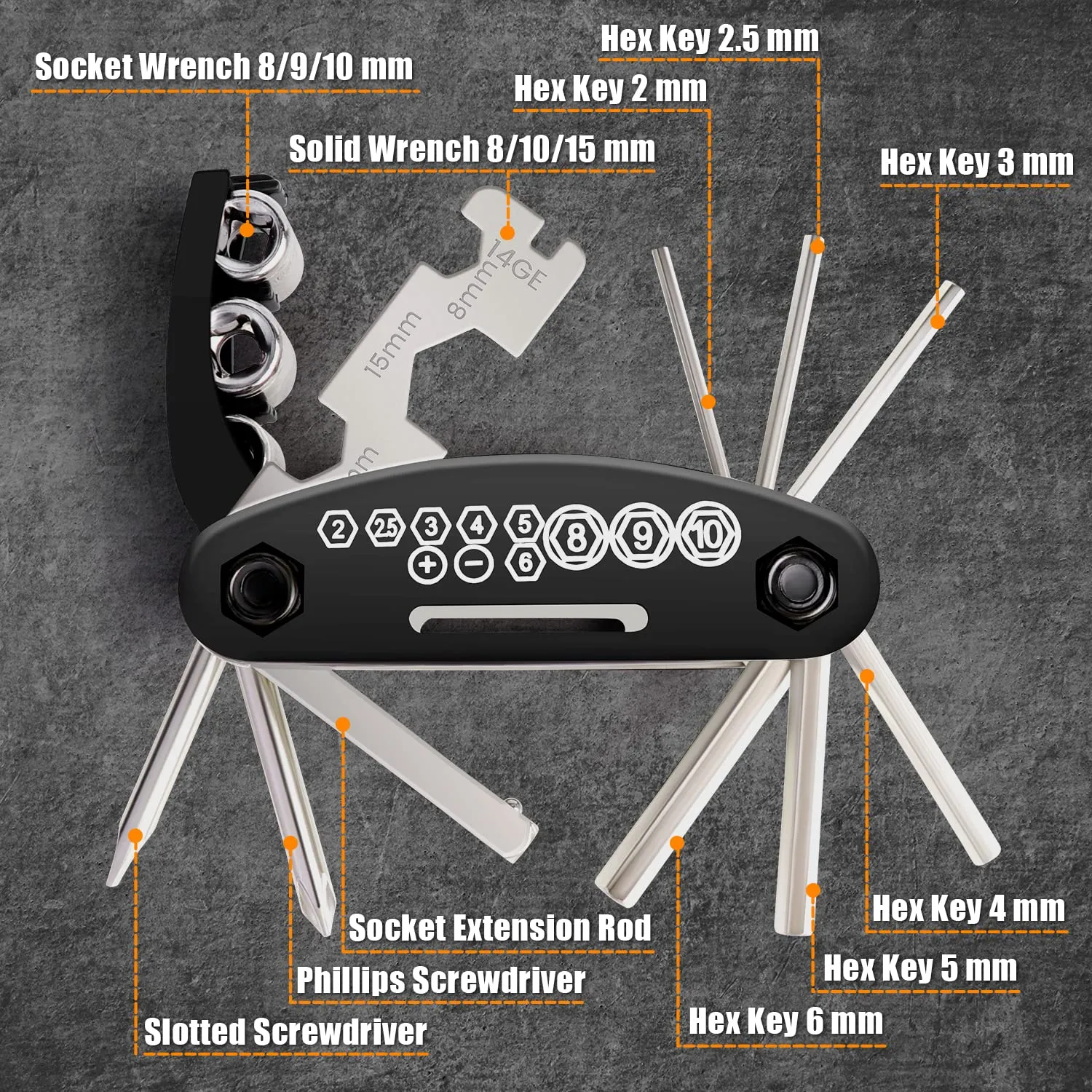 Bike Repair Tool Kit, 16 in 1 Bicycle Multitool Bike Tools Kit with Bike Tire Hex Spoke Wrench, Portable Mountain Bike Multi Tool Kit Set