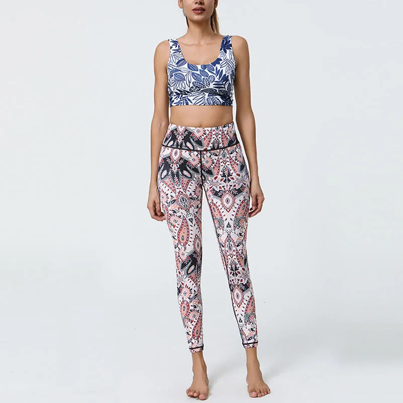 Buddha Stones Flowers Feathers Sun Moon Print Sports Fitness Yoga High Waist Leggings Women's Pants