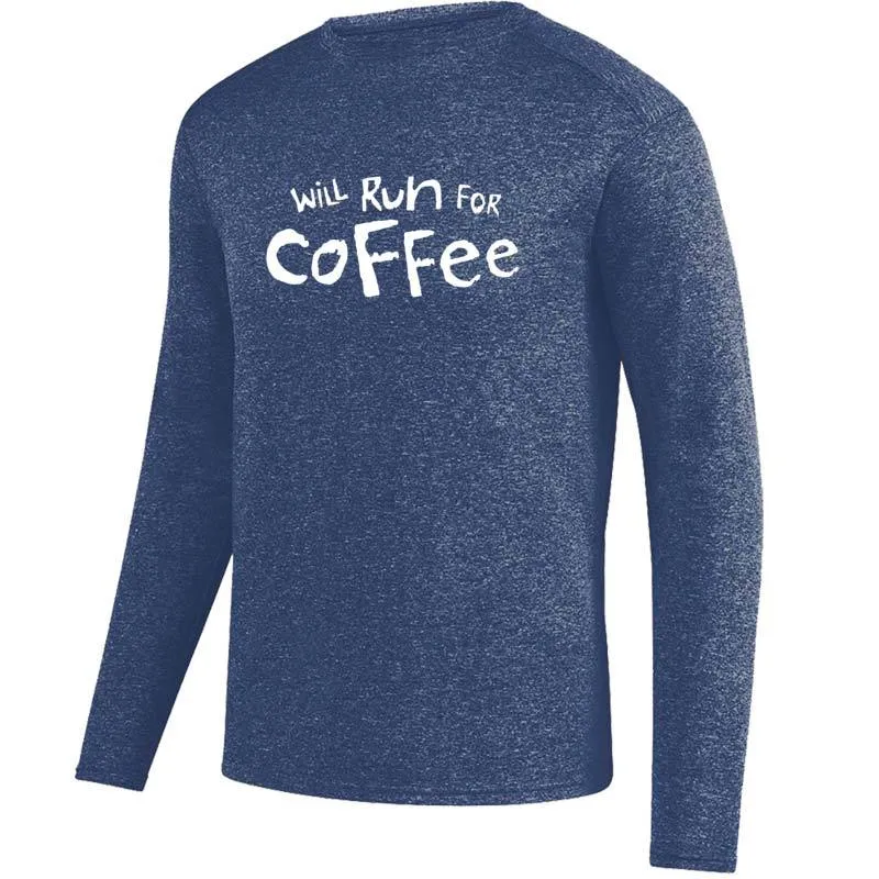 Men's Heathersoft Tech Long Sleeve Crew - "Will Run For Coffee"