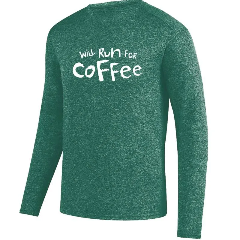 Men's Heathersoft Tech Long Sleeve Crew - "Will Run For Coffee"