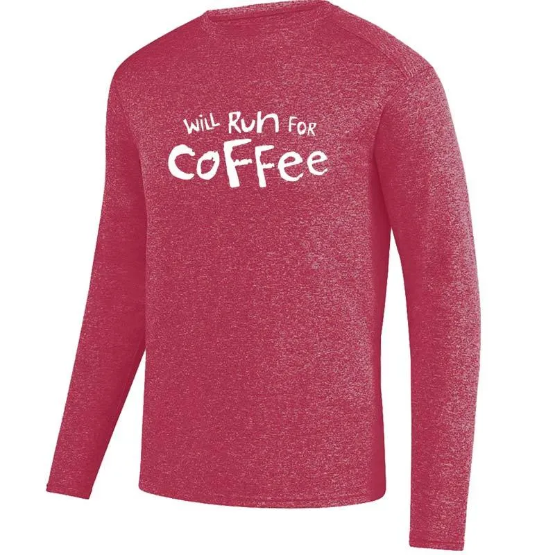 Men's Heathersoft Tech Long Sleeve Crew - "Will Run For Coffee"