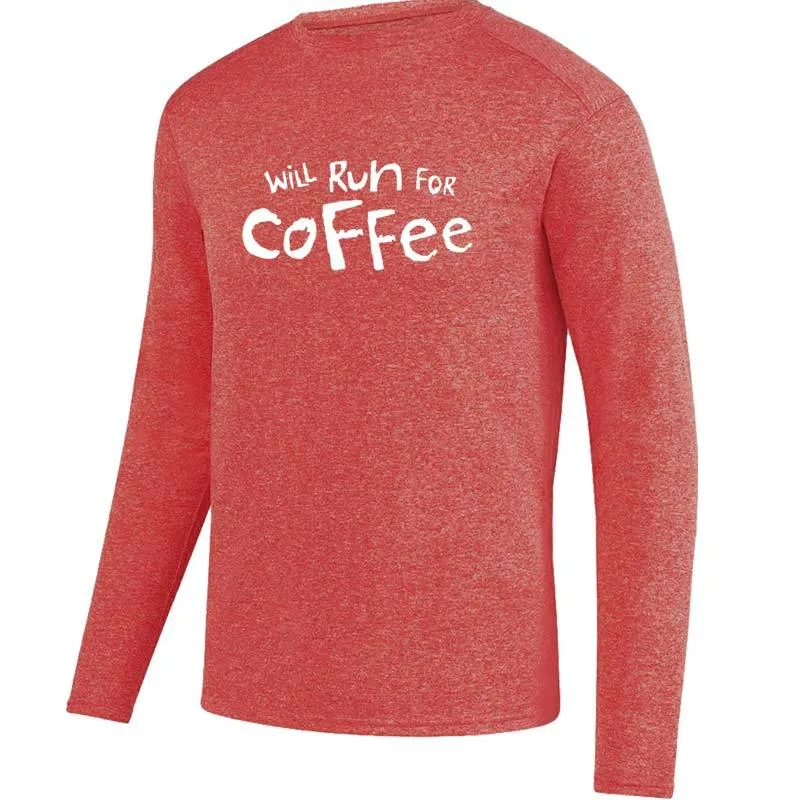 Men's Heathersoft Tech Long Sleeve Crew - "Will Run For Coffee"
