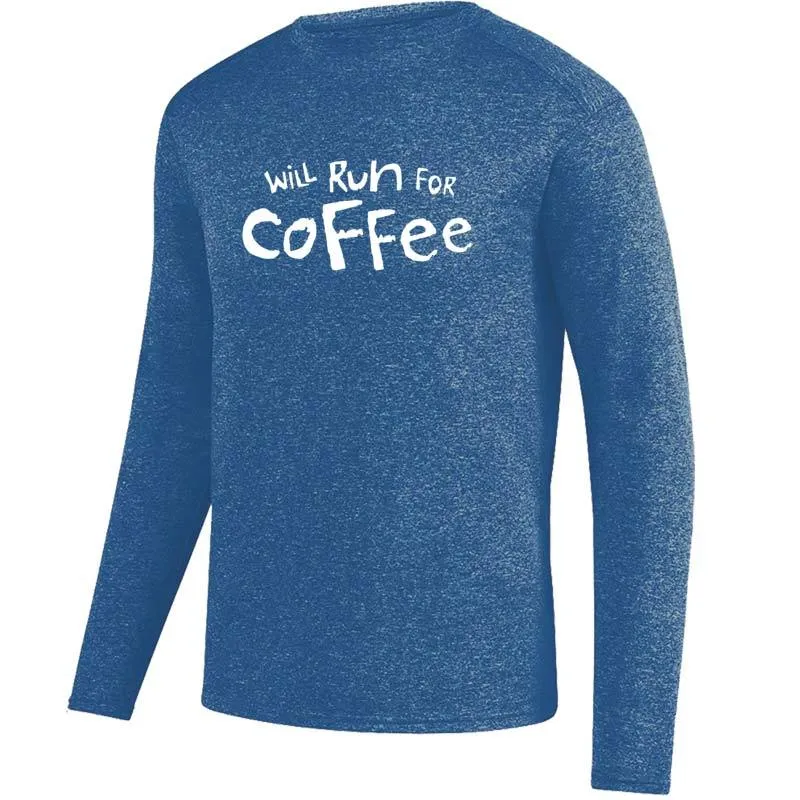 Men's Heathersoft Tech Long Sleeve Crew - "Will Run For Coffee"