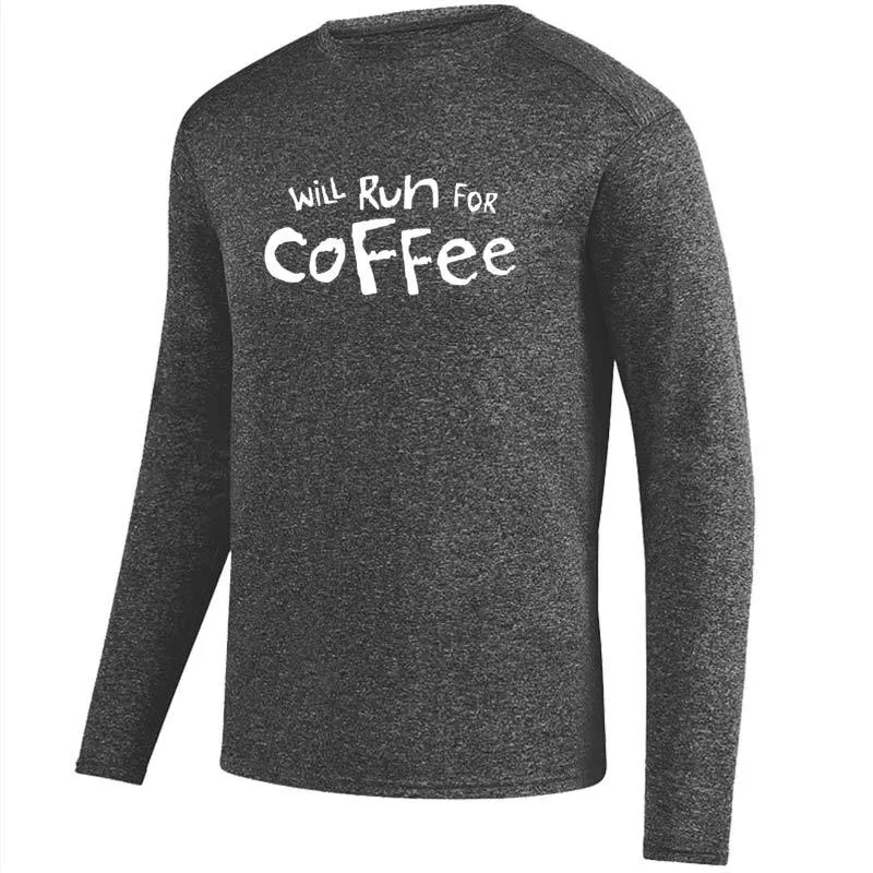 Men's Heathersoft Tech Long Sleeve Crew - "Will Run For Coffee"