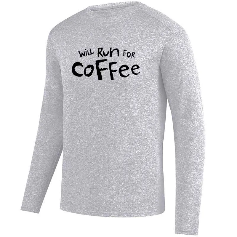 Men's Heathersoft Tech Long Sleeve Crew - "Will Run For Coffee"