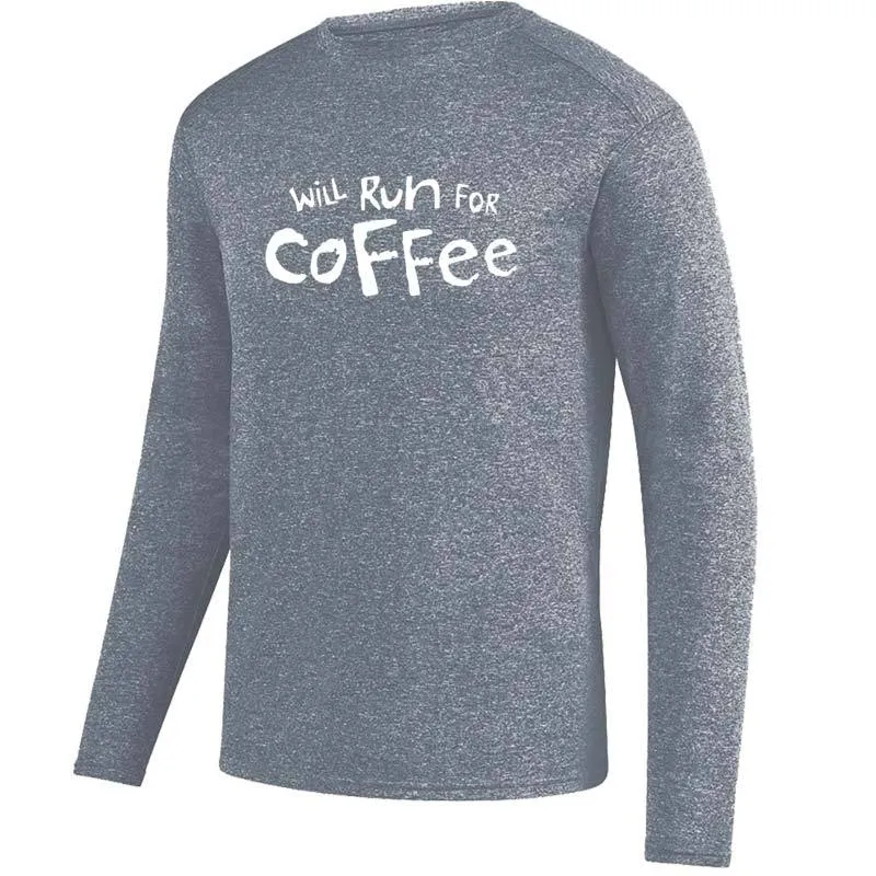 Men's Heathersoft Tech Long Sleeve Crew - "Will Run For Coffee"