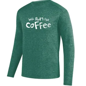Men's Heathersoft Tech Long Sleeve Crew - "Will Run For Coffee"