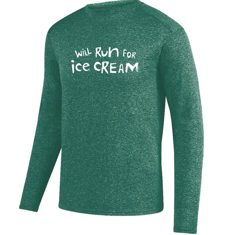 Men's Heathersoft Tech Long Sleeve Crew - "Will Run For Ice Cream"