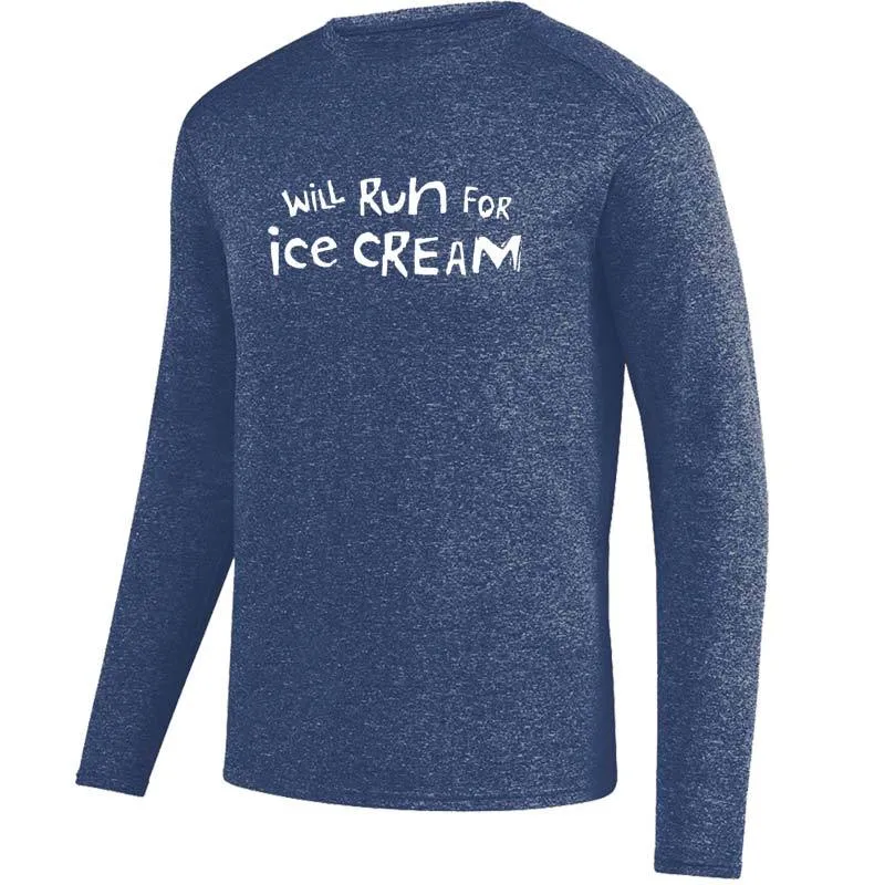 Men's Heathersoft Tech Long Sleeve Crew - "Will Run For Ice Cream"