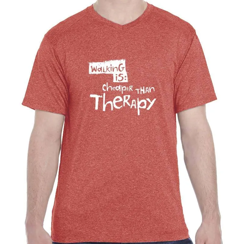 Men's Heathersoft Tech Short Sleeve Shallow V - "Walking Is Cheaper Than Therapy"