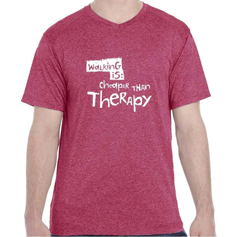 Men's Heathersoft Tech Short Sleeve Shallow V - "Walking Is Cheaper Than Therapy"