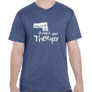 Men's Heathersoft Tech Short Sleeve Shallow V - "Walking Is Cheaper Than Therapy"
