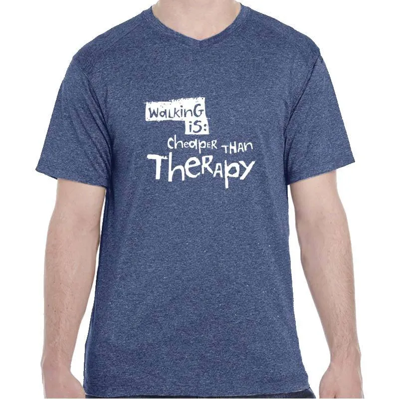 Men's Heathersoft Tech Short Sleeve Shallow V - "Walking Is Cheaper Than Therapy"