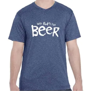 Men's Heathersoft Tech Short Sleeve Shallow V - "Will Run For Beer"