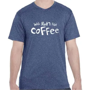 Men's Heathersoft Tech Short Sleeve Shallow V - "Will Run For Coffee"