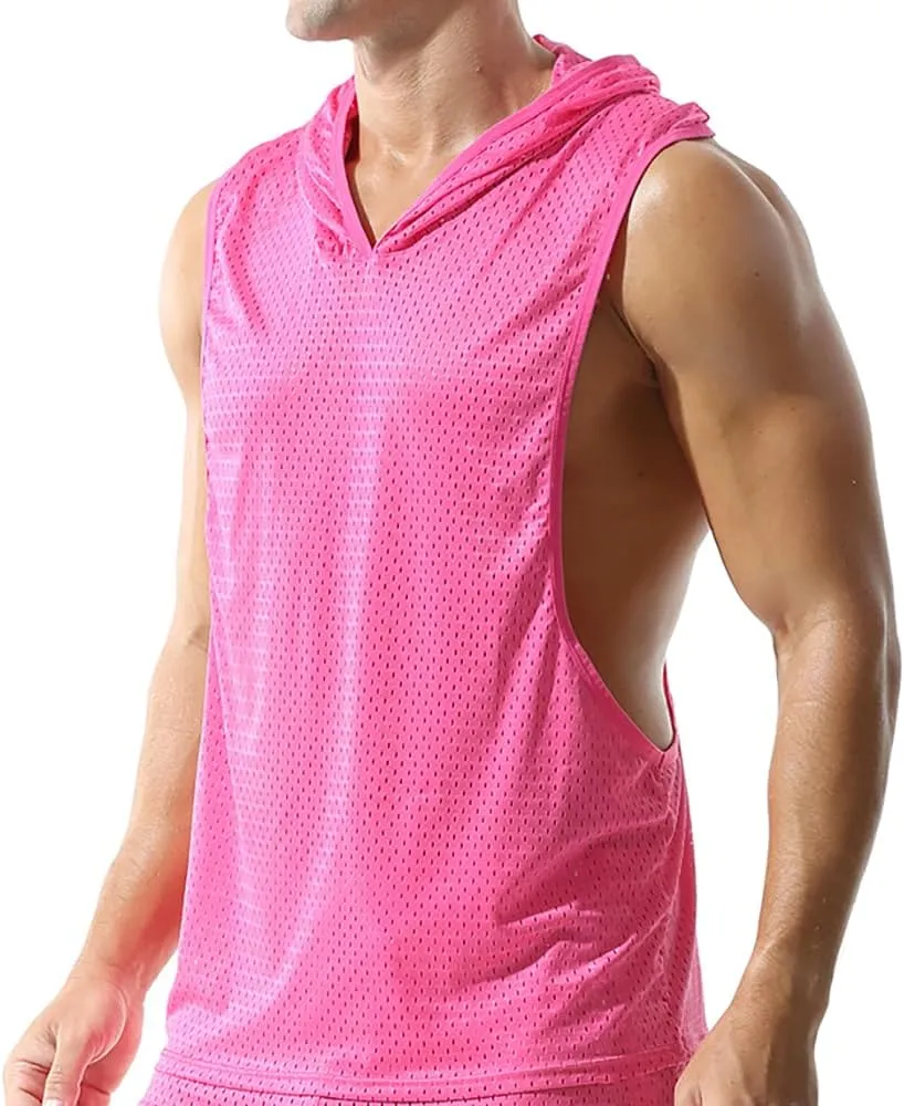 Men's Mesh Hooded Tank Tops Workout Gym Training Hoodies Sleeveless Muscle Bodybuilding Cut Off T Shirt