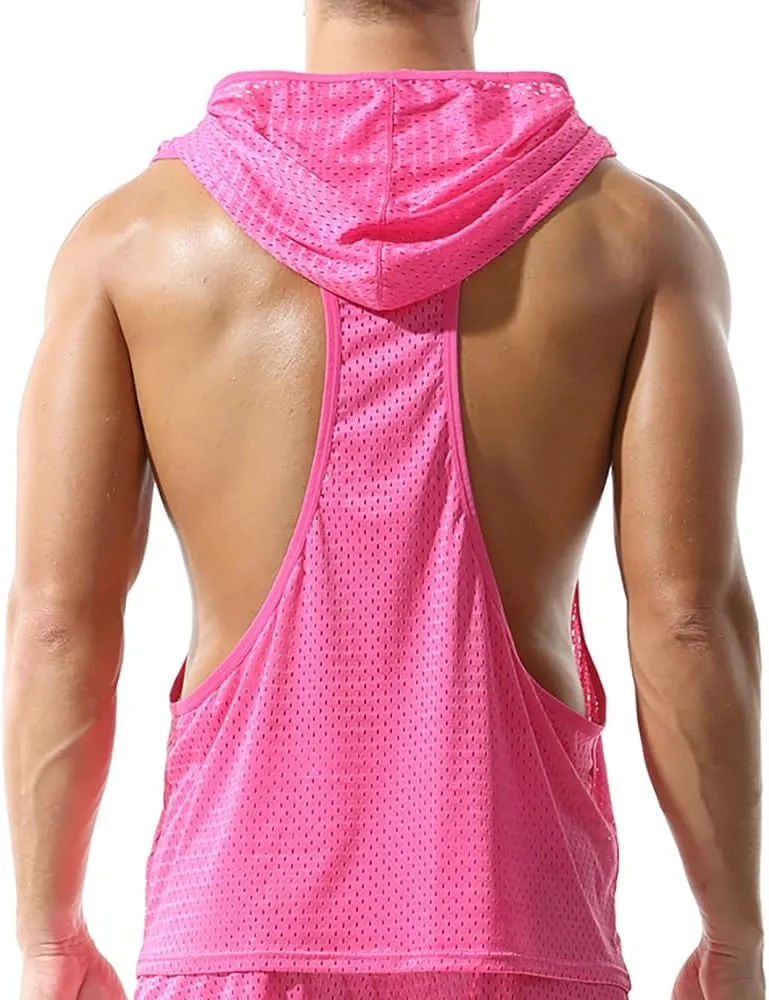 Men's Mesh Hooded Tank Tops Workout Gym Training Hoodies Sleeveless Muscle Bodybuilding Cut Off T Shirt