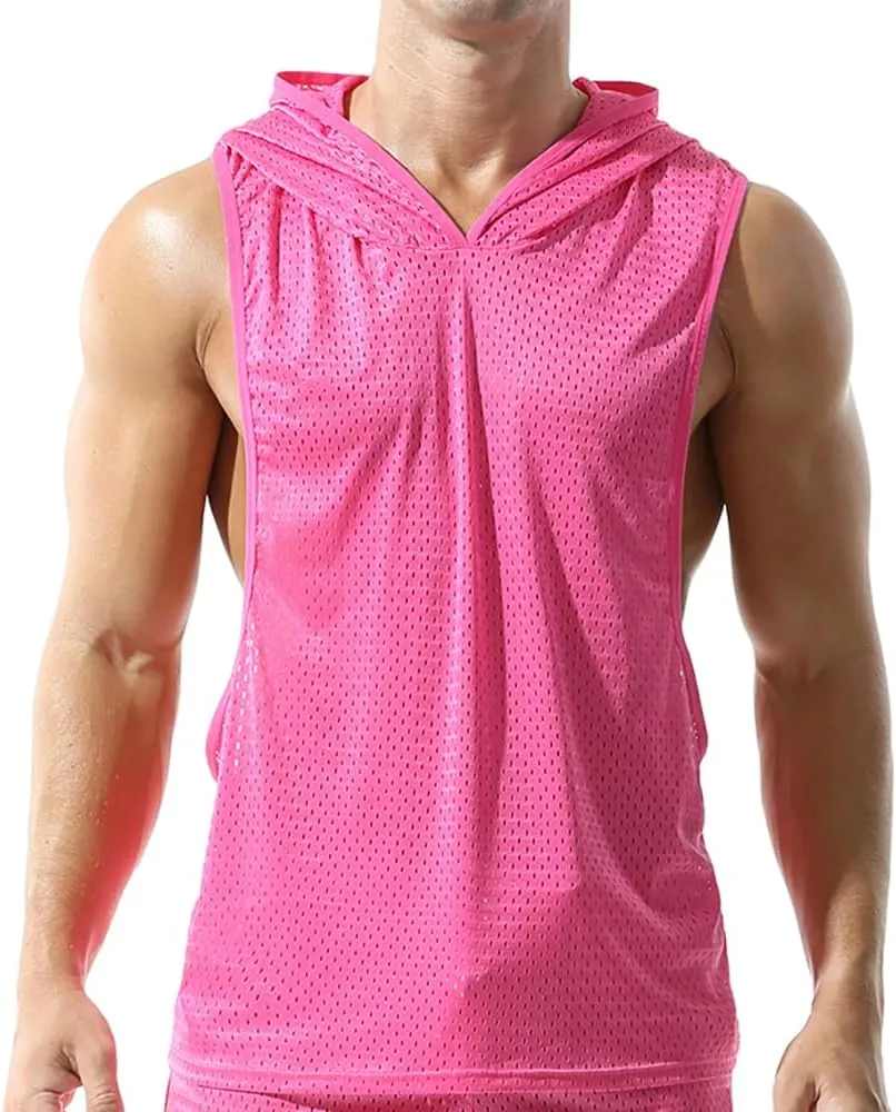 Men's Mesh Hooded Tank Tops Workout Gym Training Hoodies Sleeveless Muscle Bodybuilding Cut Off T Shirt
