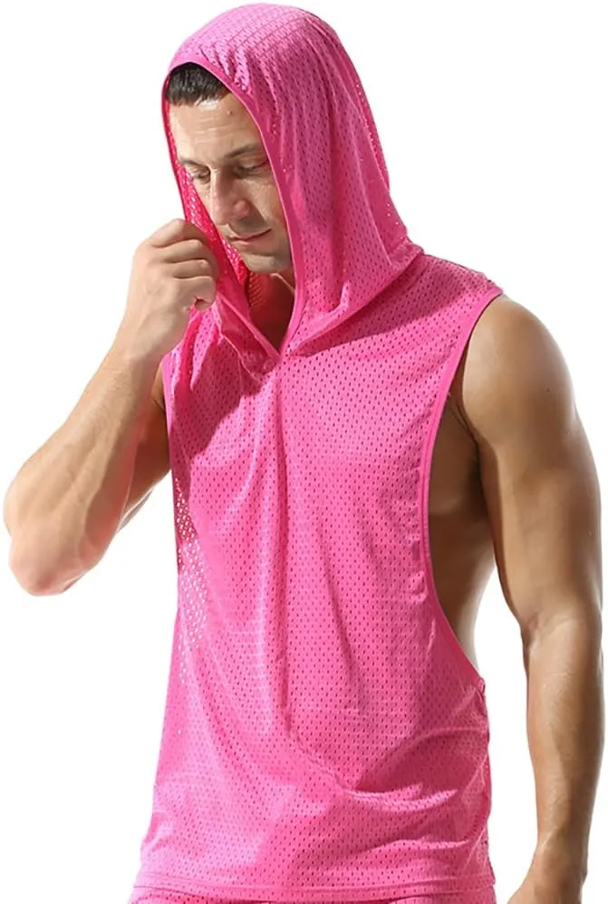 Men's Mesh Hooded Tank Tops Workout Gym Training Hoodies Sleeveless Muscle Bodybuilding Cut Off T Shirt