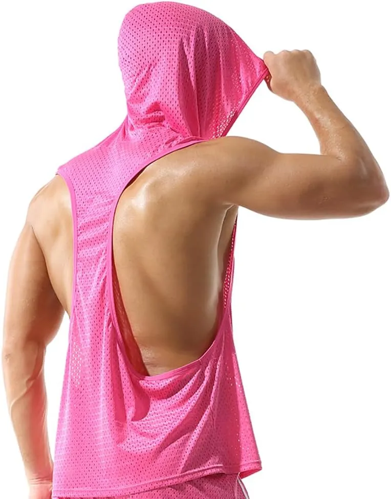 Men's Mesh Hooded Tank Tops Workout Gym Training Hoodies Sleeveless Muscle Bodybuilding Cut Off T Shirt