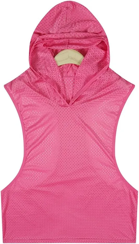 Men's Mesh Hooded Tank Tops Workout Gym Training Hoodies Sleeveless Muscle Bodybuilding Cut Off T Shirt